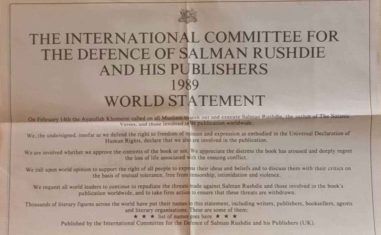 A paper copy of the statement published by the International Committee for the Defence of Salman Rushdie in 1989