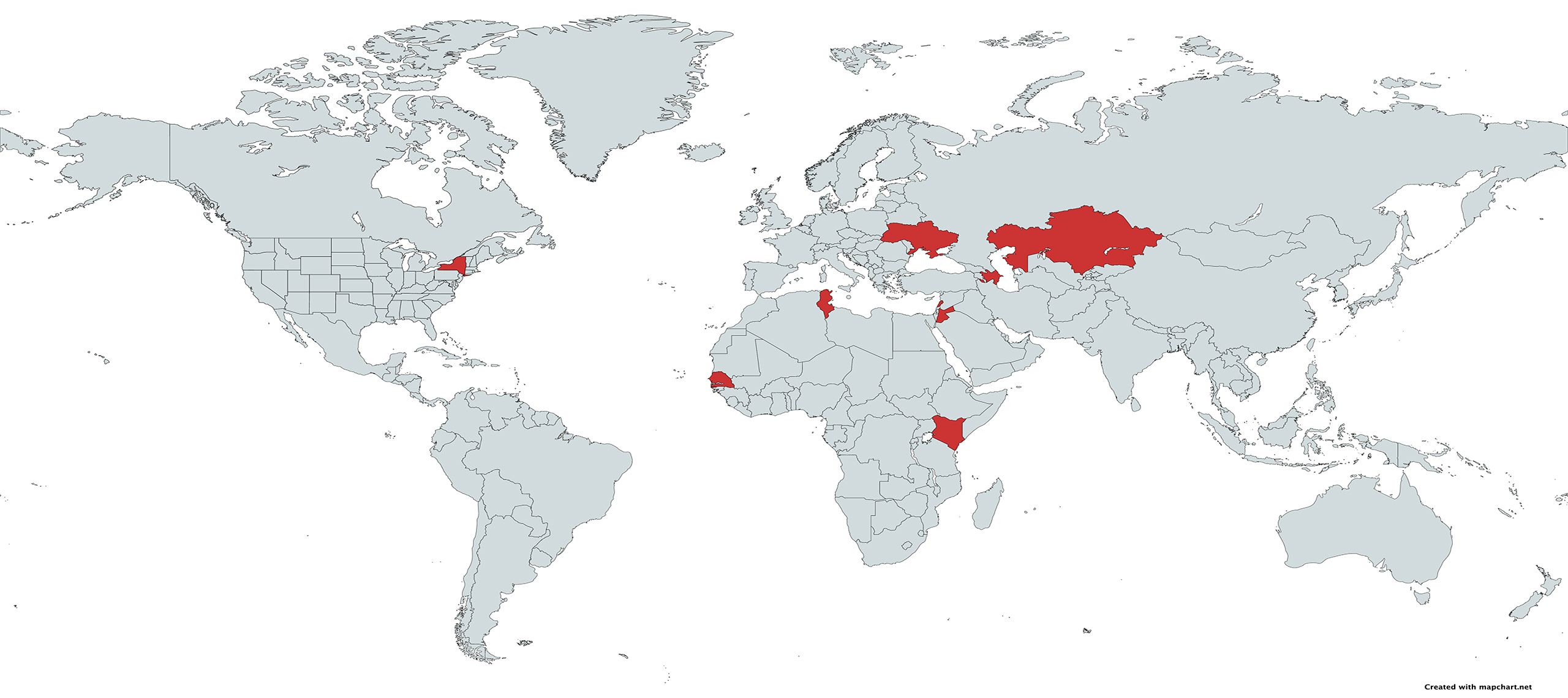 The same world map with the same countries highlighted in red, with the addition of New York City