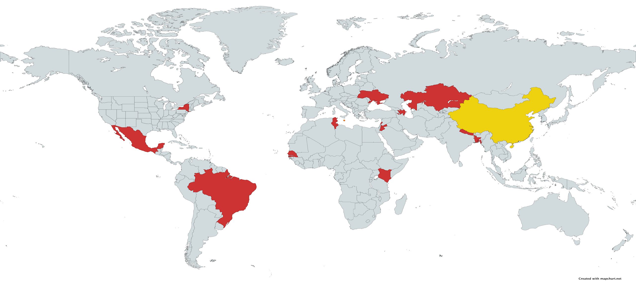 The same world map with the same countries highlighted in red, with the addition of China, which is highlighted yellow
