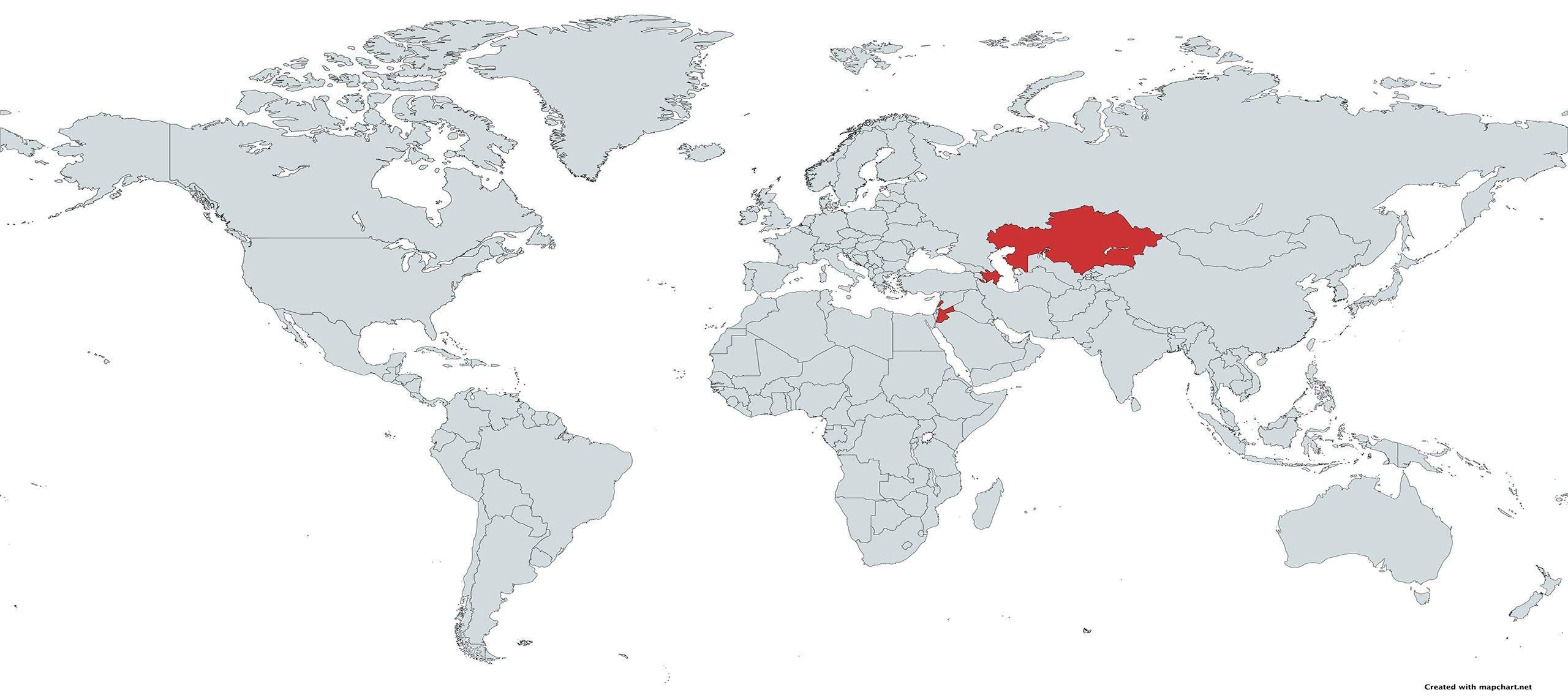 World map in white and grey with three Middle Eastern countries highlighted in red