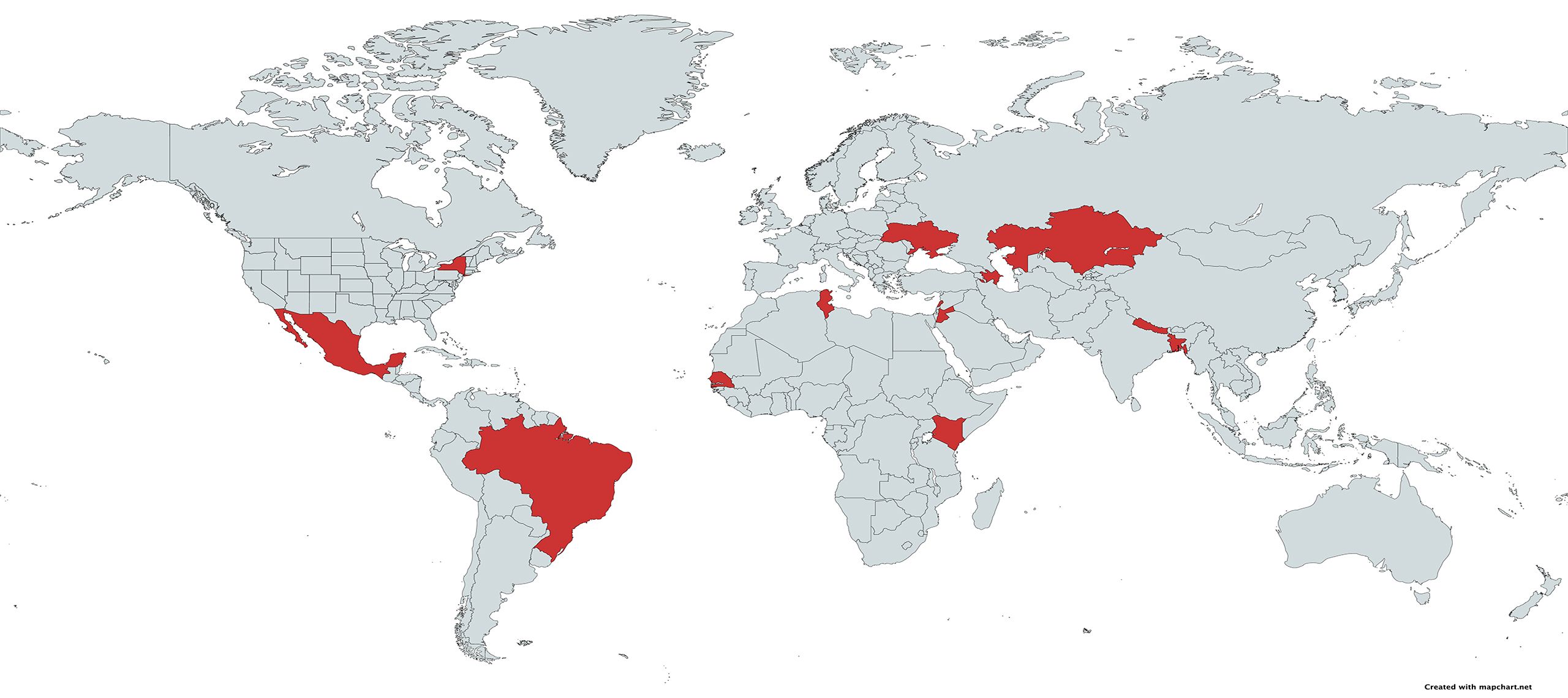 The same world map with the same countries highlighted in red, with the addition of Nepal and Bangladesh