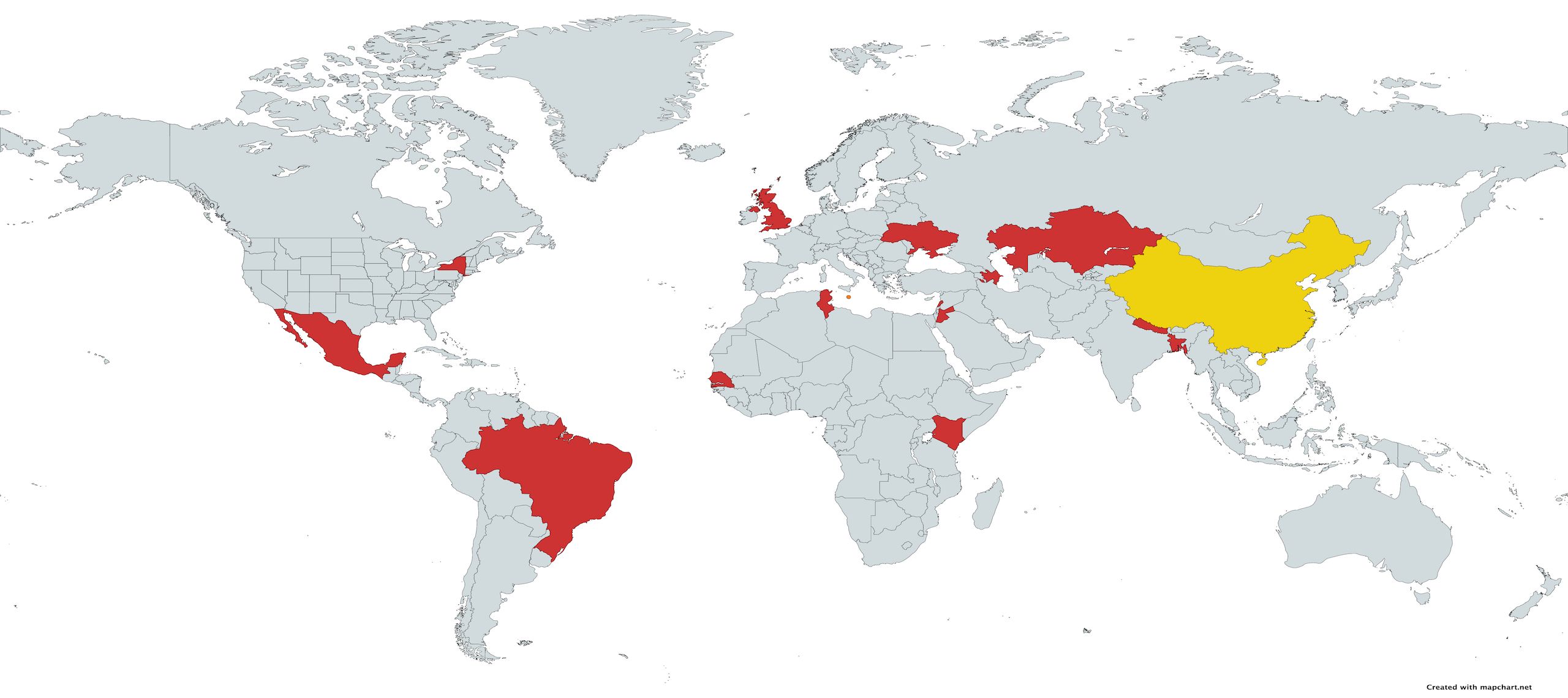 The same world map with the same countries highlighted, with the addition of the UK